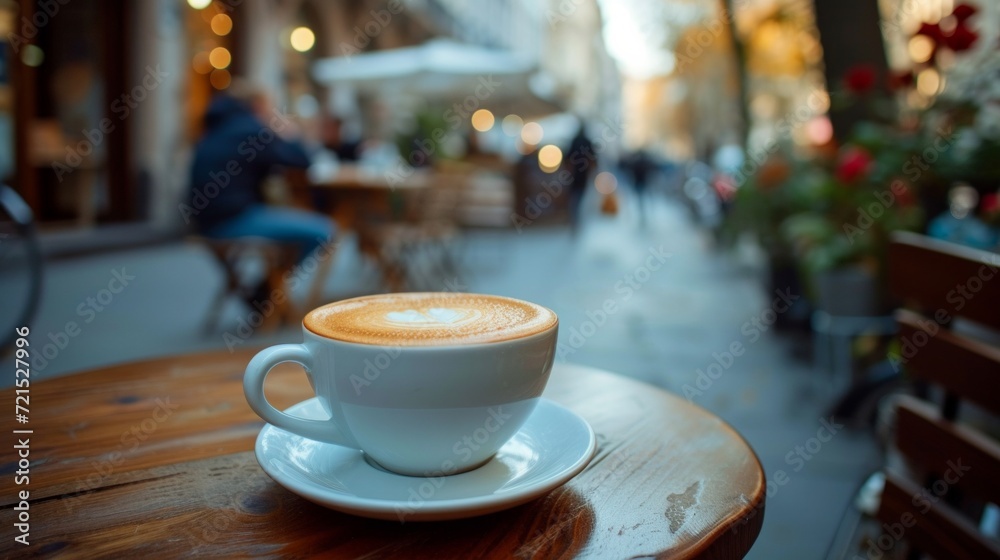 A cup of cappuccino in a street cafe