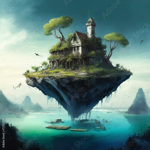 tropical paradise floating island with ocean background