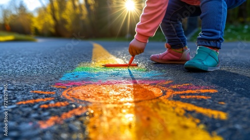 A child draws the sun with crayons on the asphalt. Spring sunny day