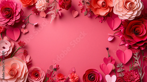 Valentine's Day background with hearts and flowers, paper art style © Arc-Desing