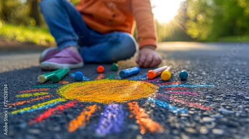 A child draws the sun with crayons on the asphalt. Spring sunny day