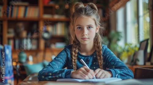 A 12-year-old girl sits at the table and does her homework