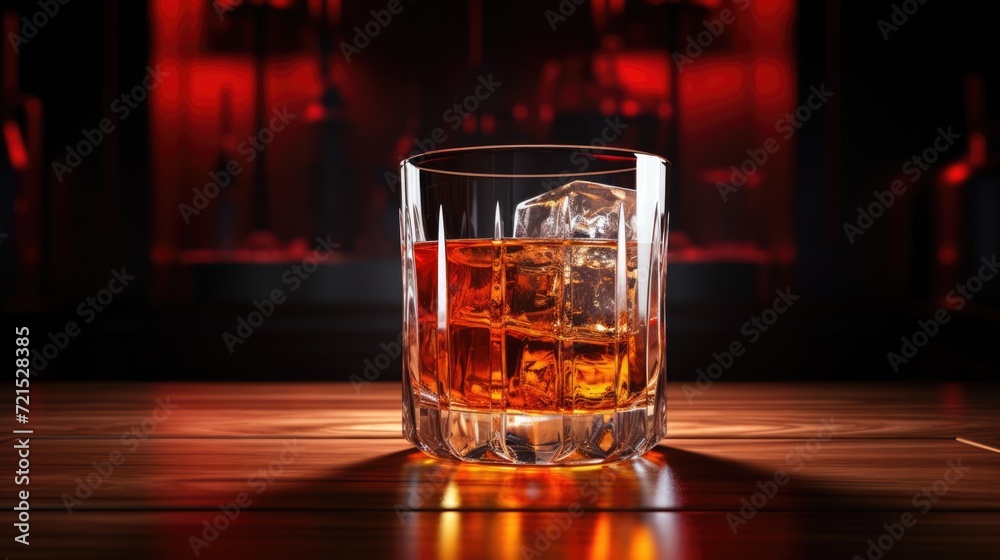 Glass of scotch whiskey with ice on a bar counter. Alcohol drink in restaurant. AI Generated 