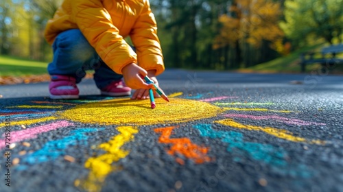 A child draws the sun with crayons on the asphalt. Spring sunny day
