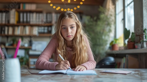 A 12-year-old girl sits at the table and does her homework