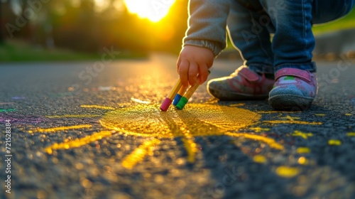 Fototapeta Naklejka Na Ścianę i Meble -  A child draws the sun with crayons on the asphalt. Spring sunny day