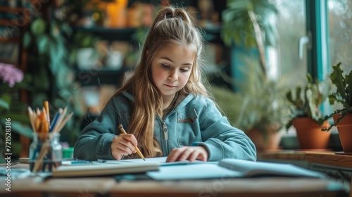 A 12-year-old girl sits at the table and does her homework