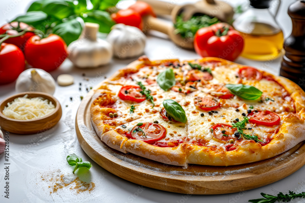 Italian pizza with mozzarella, tomatoes and basil. ingredients for making pizza