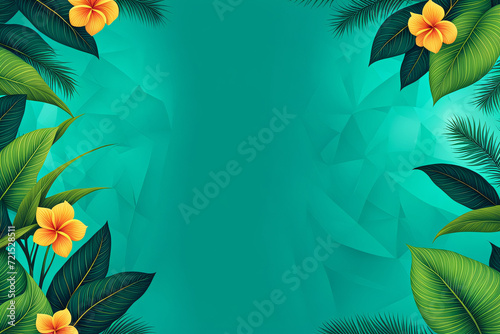 Tropical green background with leaves and flowers and space for text