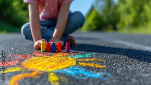 A child draws the sun with crayons on the asphalt. Spring sunny day
