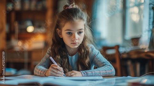 A 12-year-old girl sits at the table and does her homework