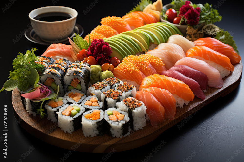 A flawlessly arranged sushi platter showcases the meticulous artistry and culinary order in Japanese cuisine. Generative Ai. A flawlessly arranged sushi platter showcases the meticulous artistry and culinary order in Japanese cuisine. Generative Ai.