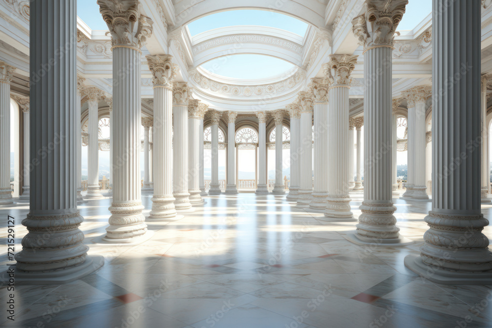 A symmetrical arrangement of architectural columns illustrates the concept of order in classical design and construction. Generative Ai.
