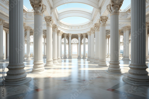 A symmetrical arrangement of architectural columns illustrates the concept of order in classical design and construction. Generative Ai.