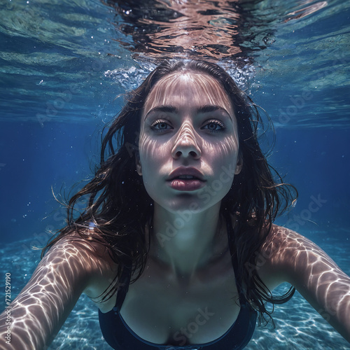 A beautiful girl swims underwater in the ocean. 