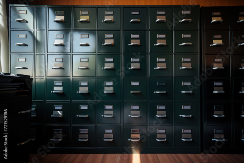 A neatly arranged row of file cabinets portrays the organizational order and systematic storage of information in an office. Generative Ai.