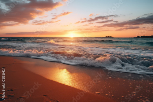 A serene beach sunset with gentle waves  offering a calming and picturesque setting for text related to relaxation and mindfulness. Generative Ai.