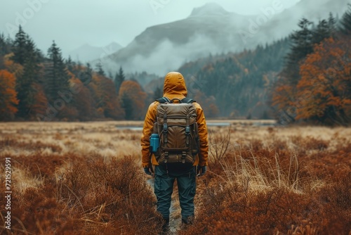 A lone hiker stands among the autumn foliage, their backpack heavy with memories and their jacket a shield against the biting wind, as they embrace the wild beauty of the misty mountain landscape photo