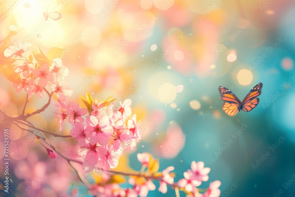 Butterfly Flying Over Tree Filled With Pink Flowers Butterfly Flying Over Tree Filled With Pink Flowers