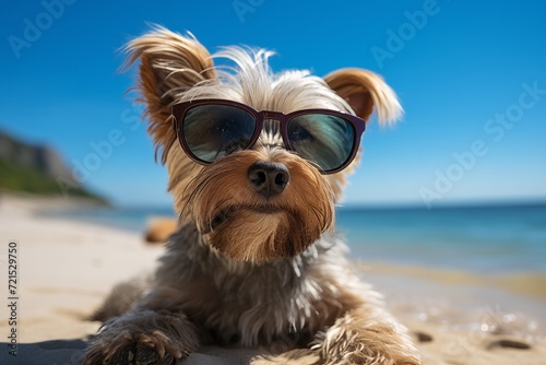 dog on the beach Cute puppy in sunglasses looking outdoors playful © Kristina