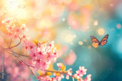 Butterfly Flying Over Tree Filled With Pink Flowers © Sandris