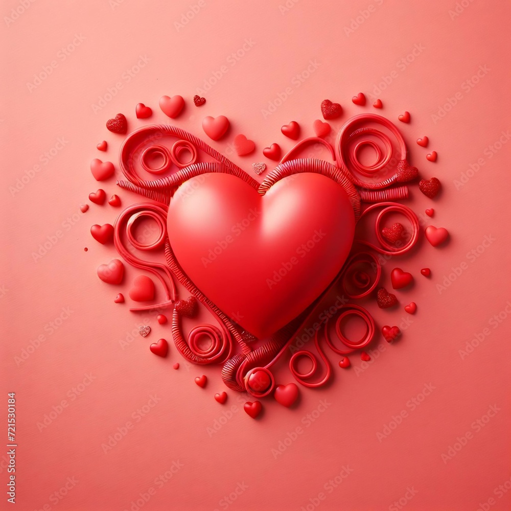 Red heart surrounded by ribbons on a shaded background, Valentine concept Red heart surrounded by ribbons on a shaded background, Valentine concept