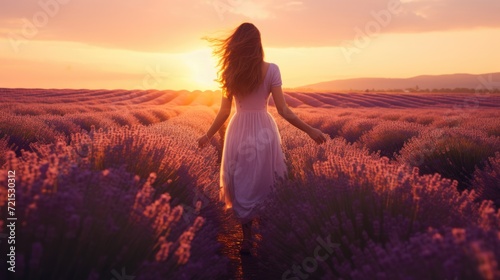 Young woman walks in the blooming lavender field at sunset. Rear view. AI Generated 