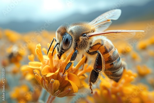 A mesmerizing macro shot captures a busy bee, with its membranewinged body and fuzzy yellow stripes, pollinating a vibrant flower as it collects pollen for its hive photo