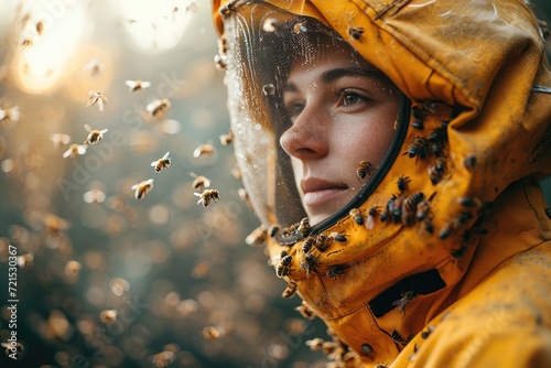 A woman adorned in a vibrant bee suit and mask gazes confidently at the camera, embodying the fierce and industrious spirit of the buzzing hive photo