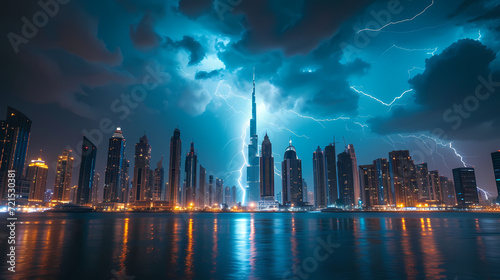 city skyline with lightning