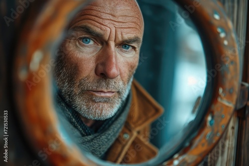 A man's aged face is reflected in a circular mirror, revealing the stories etched in his wrinkles and the wisdom hidden beneath his beard photo