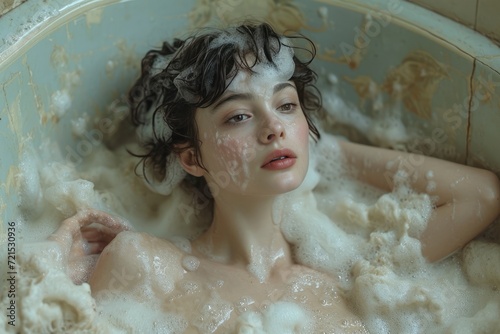 A serene woman indulging in a luxurious bath, surrounded by fluffy foam and the calming atmosphere of her bathroom
