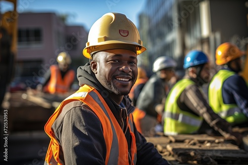 Smiling professional heavy industry black worker in a protective uniform and hard hat. Dispersed large industrial plant.