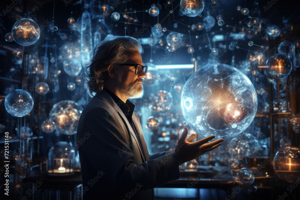 A scientist surrounded by floating molecules and scientific symbols against a laboratory backdrop, representing the pursuit of knowledge and innovation.  Generative Ai.
