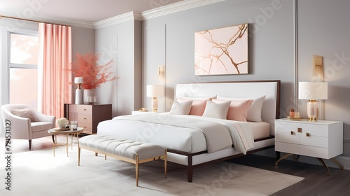 A modern bedroom adorned with a sleek, white and gold bed frame against a backdrop of soft, dove-gray walls and accents of pale coral, emanating modern luxury. © Nature Lover