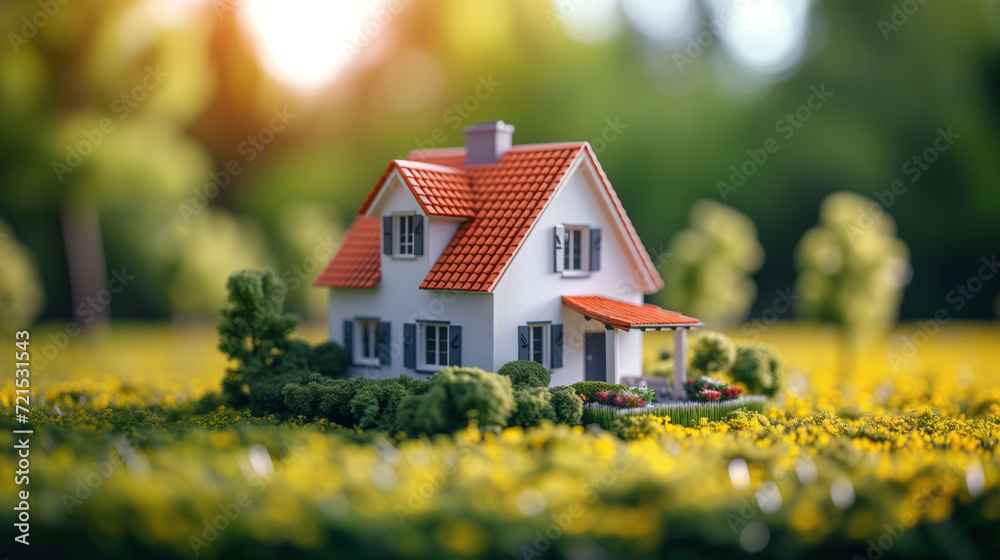 A small model house surrounded by vibrant yellow flowers in sunlight A small model house surrounded by vibrant yellow flowers in sunlight