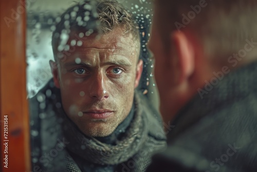 A man stands alone, gazing at his own reflection in the mirror, his face a portrait of introspection and vulnerability as he examines every detail of his human skin and clothing, his forehead furrowe photo