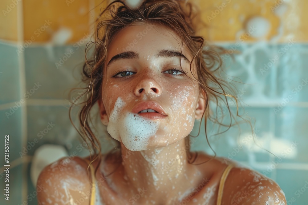 A woman captures a moment of self-love in the solitude of her bathroom, her glowing skin and tousled hair framed by the wall and bathtub behind her as she takes a selfie A woman captures a moment of self-love in the solitude of her bathroom, her glowing skin and tousled hair framed by the wall and bathtub behind her as she takes a selfie