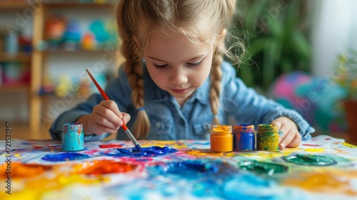 a young artist paints a picture with a cute Easter bunny using watercolor paints