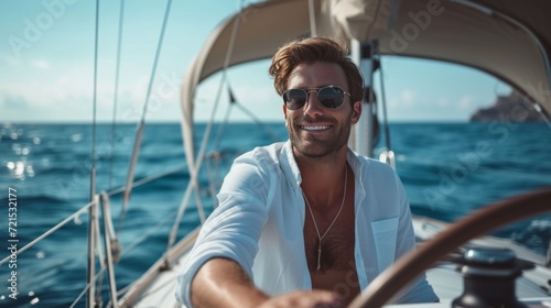 A young handsome man sails on a luxury yacht in the ocean © olegganko
