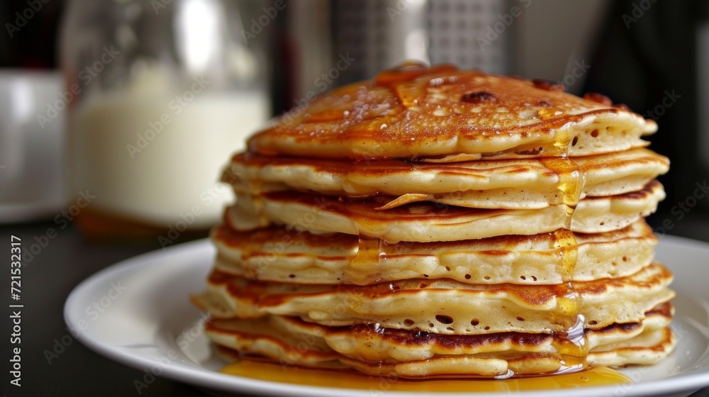 a stack of fresh thick pancakes in the kitchen next to a jar of honey and sour cream a stack of fresh thick pancakes in the kitchen next to a jar of honey and sour cream