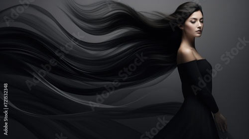 portrait of a woman with long black hair, black luxury satin fabric, surreal floating, wave silk, wave background
