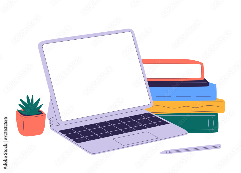 Illustration view of desk at home. Work from home on tablet with pencil and markers. Workspace office at home Illustration view of desk at home. Work from home on tablet with pencil and markers. Workspace office at home
