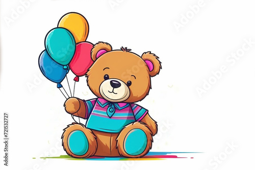 A cute brown bear holds a bunch of colorful balloons in its paws on white background.