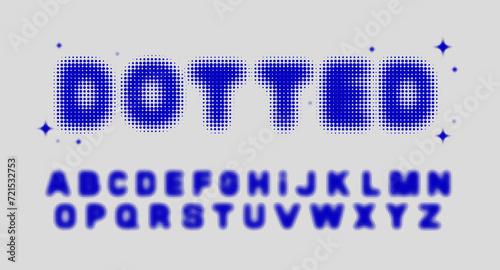 Halftone bitmap font. Blurred alphabet with dots. Vector