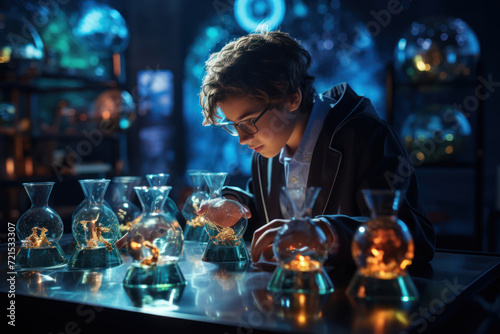 A young scientist conducting experiments with floating beakers and formulas against a laboratory setting, representing the dynamic nature of scientific discovery. Generative Ai.