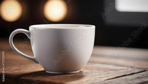 White cup on wooden table close-up 