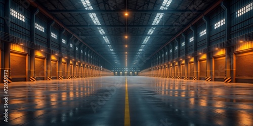 A large warehouse with a wide, modern and neat central aisle. Modern large storehouse. © Yuliia