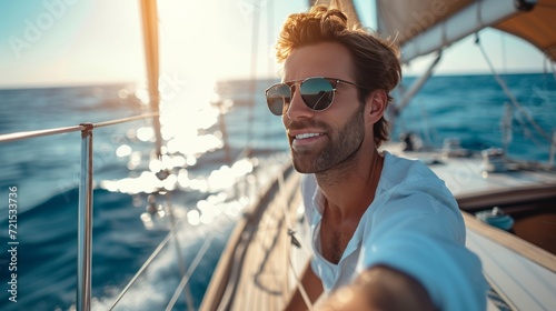 A young handsome man sails on a luxury yacht in the ocean