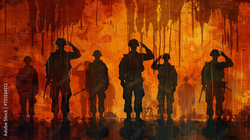 Silhouettes of soldiers saluting with Veterans Day Honoring All Who Served inscription on rusty iron background. American holiday typography poster. Banner, flyer, sticker, greeting card, postcard.